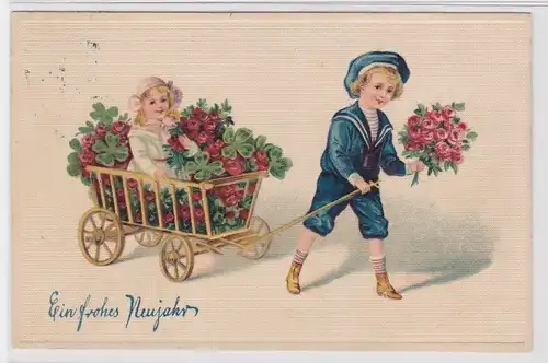 902196 Ein frohes Neujahr Präge Ak Junge und Mädchen mit Handwagen 1912