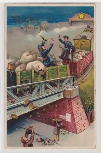 92435 Neujahrs Ak Dampflokomotive verliert Goldmünzen 1901