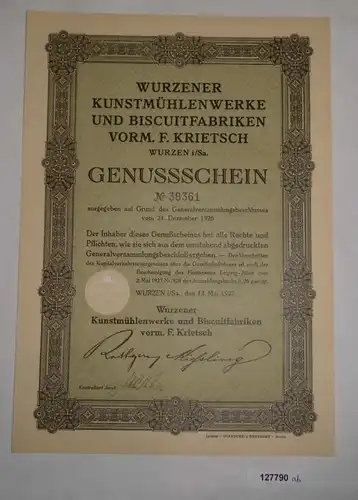 Genussschein Wurzener Kunstmühlenwerke & Biscuitfabriken Wurzen 1927 (127790)