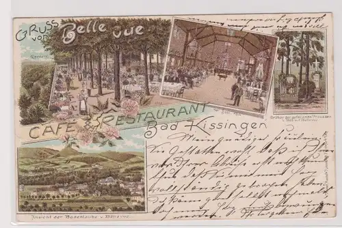 92932 Lithographie Ak Gruss von Belle vue Cafe und Restaurant Bad Kissingen 1898