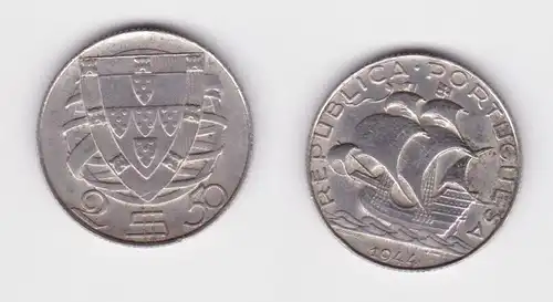 2 1/2 Escudos Silber Münze Portugal 1944 Segelschiff f.vz (165032)