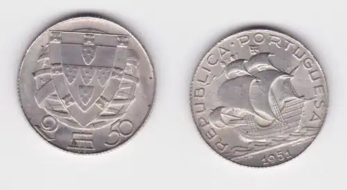 2 1/2 Escudos Silber Münze Portugal 1951 Segelschiff vz (164992)