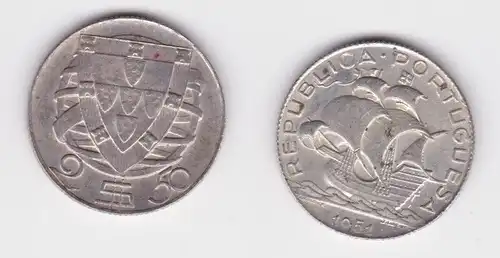 2 1/2 Escudos Silber Münze Portugal 1951 Segelschiff vz (164535)