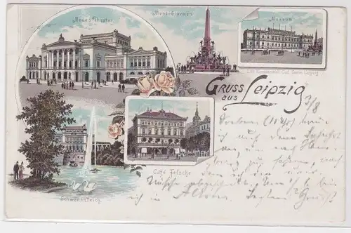 99601 Lithographie Ak Gruss aus Leipzig Neues Theater, Mendebrunnen, Museum usw.