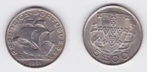 5 Escudos Silber Münze Portugal 1951 Segelschiff vz (164557)