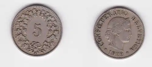 5 Rappen Kupfer Nickel Münze Schweiz 1922 B ss+ (165011)