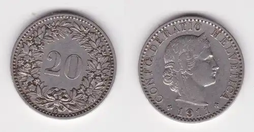 20 Rappen Kupfer Nickel Münze Schweiz 1911 B ss+ (164677)