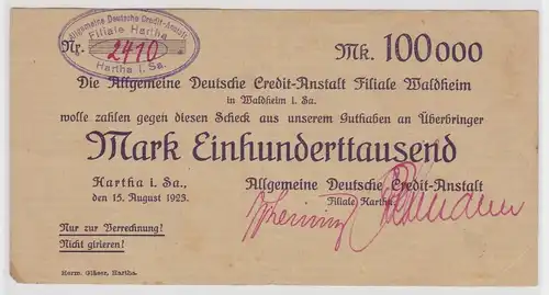 100000 Mark Banknote ADCA Filiale Hartha 15.8.1923 (148966)
