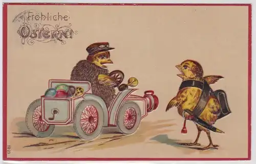 36557 Präge AK Fröhliche Ostern Küken im Automobil und Wachtmeister 1908