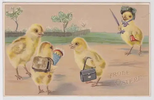 44477 AK Fröhliche Ostern 3 Küken auf dem Schulweg mit Lehrerin 1929