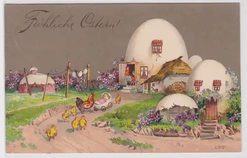 40318 Präge AK Fröhliche Ostern Hühnerfamilie kehrt in ihr Eierhaus zurück 1910