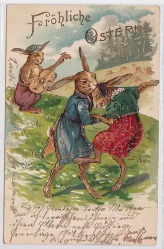 49249Präge AK Fröhliche Ostern Hase spielt Gitarre und 2 Hasen tanzen dazu 1907