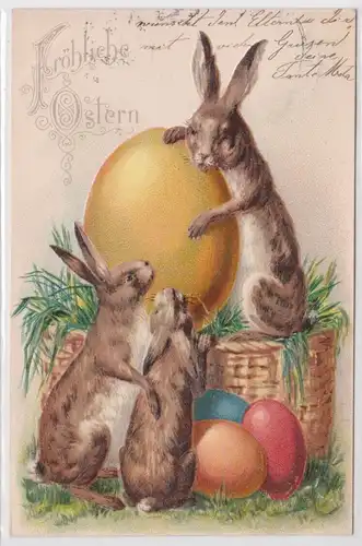 36179 Präge AK Fröhliche Ostern 3 Hasen mit Ostereiern 1904