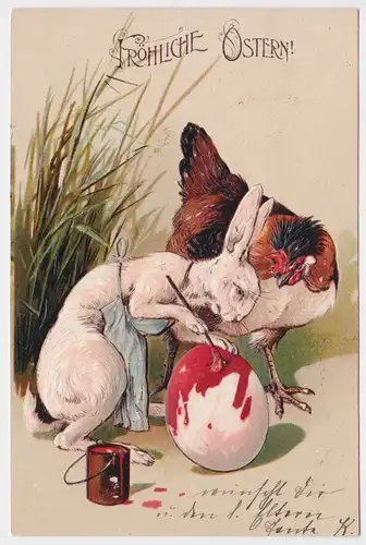 47723 Präge AK Fröhliche Ostern Hase bemalt Osterei Huhn schaut zu um 1900
