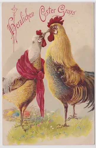 24426 Präge AK Fröhliche Ostern verliebtes Hühner Paar küsst sich 1906