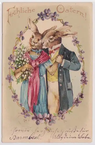 10887 Präge AK Fröhliche Ostern Hasen Paar in feiner Garderobe mit Blumenstrauß