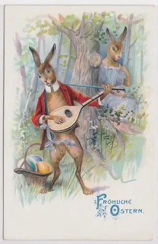40047 Präge AK Fröhliche Ostern Hase mit Laute spielt für Geliebte ein Lied 1910