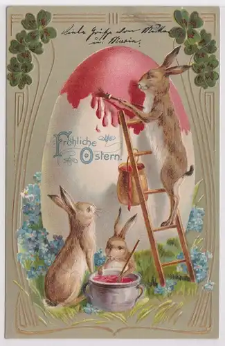 39558 Präge AK Fröhliche Ostern Hase auf Leiter bemalt Riesenosterei 1907