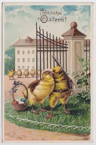 42904 Präge AK Fröhliche Ostern Küken als Wachsoldat vor Schloß 1910