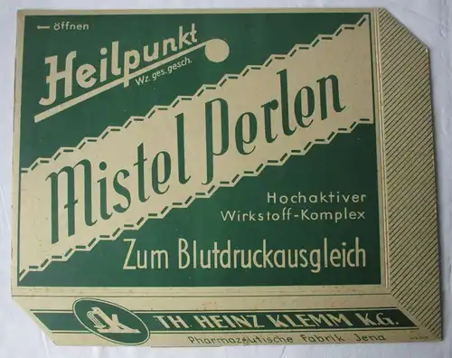 Reklame Pappschild Heilpunkt Mistel Perlen Th. Heinz Klemm KG Jena (158062)