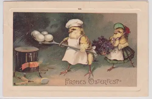 09872 AK Fröhliche Ostern Kükenfamilie in Küche mit Eierpfanne am Herd 1913