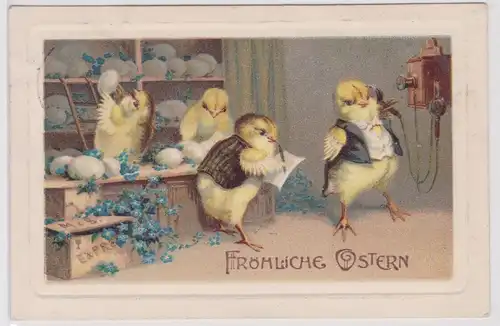 12515 AK Fröhliche Ostern 4 Küken arbeiten im Eierkontor Chef telefoniert 1912