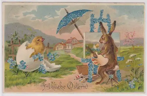 07572 Präge AK Fröhliche Ostern Künstler Hase porträtiert Küken 1909