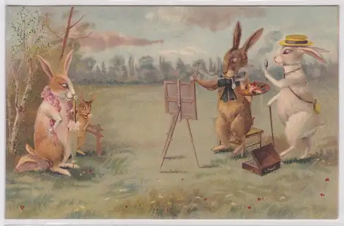 07196 Präge AK Fröhliche Ostern Künstler Hase porträtiert Häsin 1911