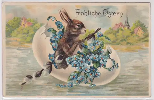 35949 Präge AK Fröhliche Ostern Hase steuert mit Weidenzweig ein Ostereierboot