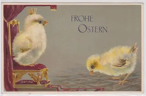 42433 Präge AK Fröhliche Ostern Küken verbeugt sich vor Küken Königin 1912