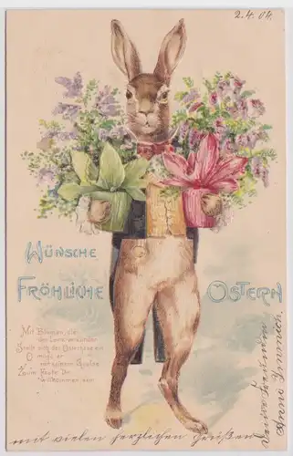 41649 Präge AK Fröhliche Ostern eleganter Osterhase trägt 2 Blumentöpfe 1904