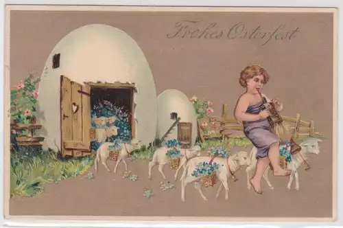 07471 Präge AK Fröhliche Ostern Kind mit Flöte lockt Schafe aus Eierhaus 1915