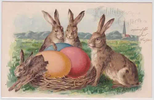 14560 Präge AK Fröhliche Ostern Hase entschlüpft Osterei 3 Hasen sitzen am Nest