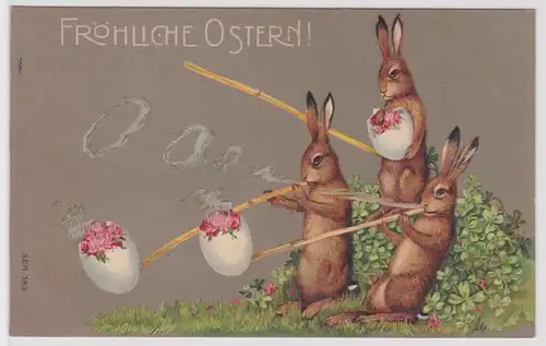09408 Präge AK Fröhliche Ostern 3 Hasen rauchen Ostereierpfeifen 1909