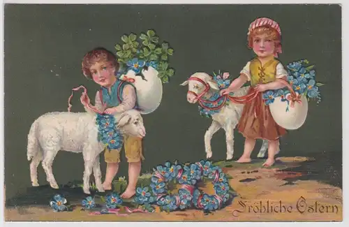 08780 Präge AK Fröhliche Ostern 2 Kinder schmücken Schafe mit Vergissmeinnicht