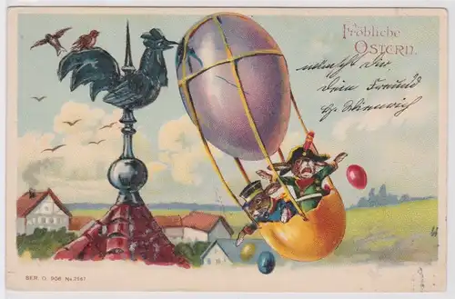 41490 Präge AK Fröhliche Ostern 2 Hasen im Ballon fliegen gegen Wetterhahn 1906