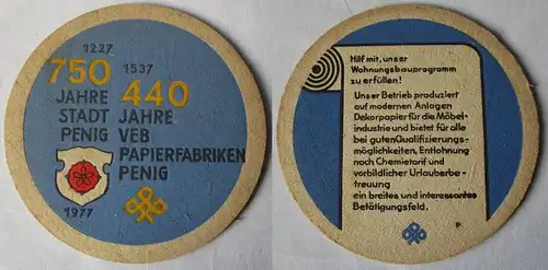 Bierdeckel DDR-Gebiet 750 Jahre Stadt Penig VEB Papierfabriken 1977 (162277)