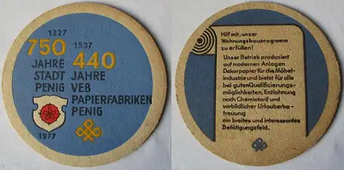 Bierdeckel DDR-Gebiet 750 Jahre Stadt Penig VEB Papierfabriken 1977 (162228)