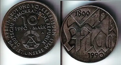 DDR Gedenk Münze 10 Mark 100.Jahre 1.Mai Feiertag 1990 (113932)