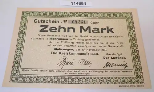10 Mark Banknote Notgeld Kreis Mohrungen 10.November 1918 (114654)