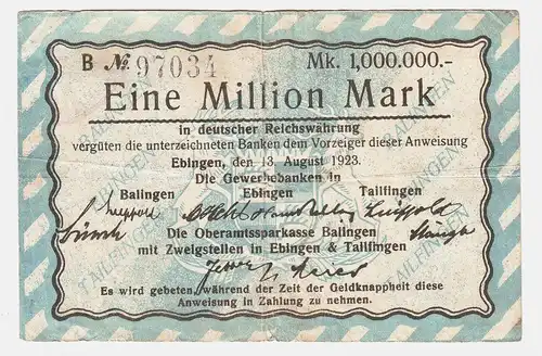 1 Million Mark Banknote Inflation Gewerbebank Ebingen 13.August 1923 (115389)