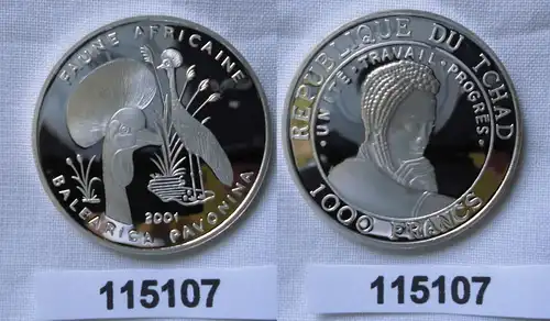 1000 Francs Silber Münze Tchad Tschad 2001 Kronenkranich (115107)