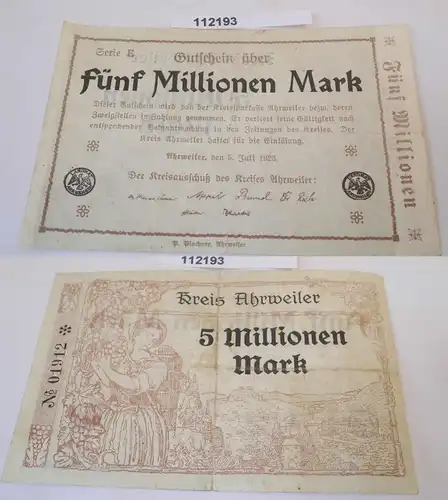 5 Millionen Mark Banknote Inflation Kreis Ahrweiler 5.Juli 1923 (112193)