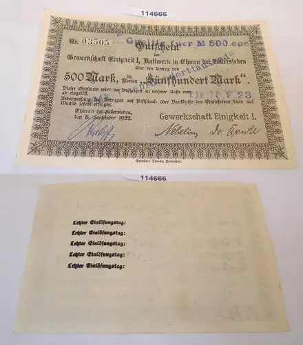 500 Mark Banknote Notgeld Stadt Ehmen bei Fallersleben 8.September 1922 (114666)