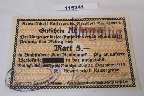 5 Mark Banknote Notgeld Gewerkschaft Kaisergrube Gersdorf Bez.Chemnitz (115341)