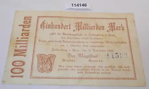 100 Milliarden Mark Banknote Inflation Stadt Falkenburg in Pom. 1923  (114146)