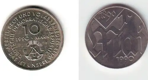 DDR Gedenk Münze 10 Mark 100.Jahre 1.Mai Feiertag 1990 (112111)