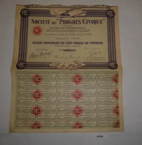 100 Franc Aktie Société du "Progrès Civique" Anonyme Paris 30.Aug. 1923 (127841)