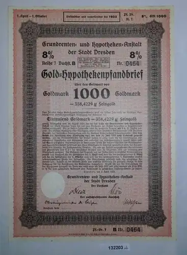 1000 Goldmark Pfandbrief Grundrenten & Hypotheken-Anstalt Dresden 1928 (132203)