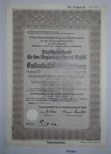 100 Goldmark Goldschuldverschreibung Regierungsbezirk Kassel 1.10.1928 (131328)